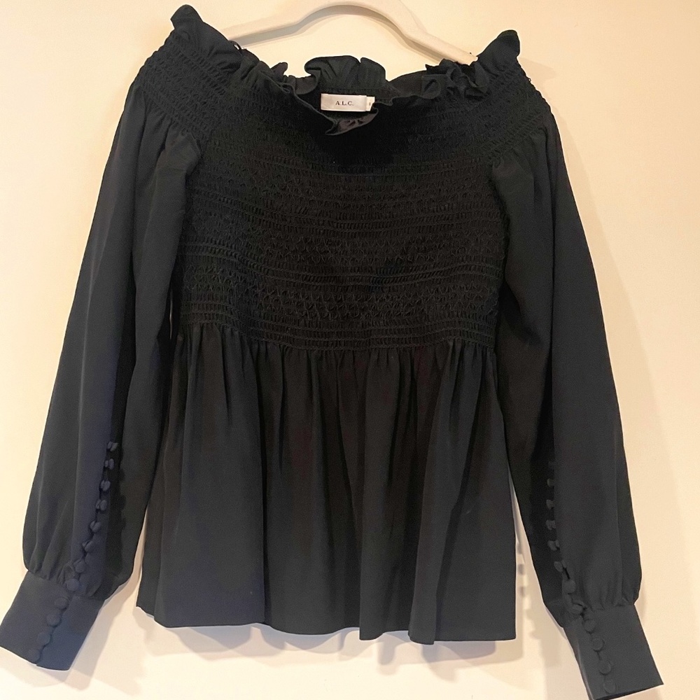 A.L.C.   Pheonix Top Silk Black Smocked Off the Shoulder Ruched Bodice